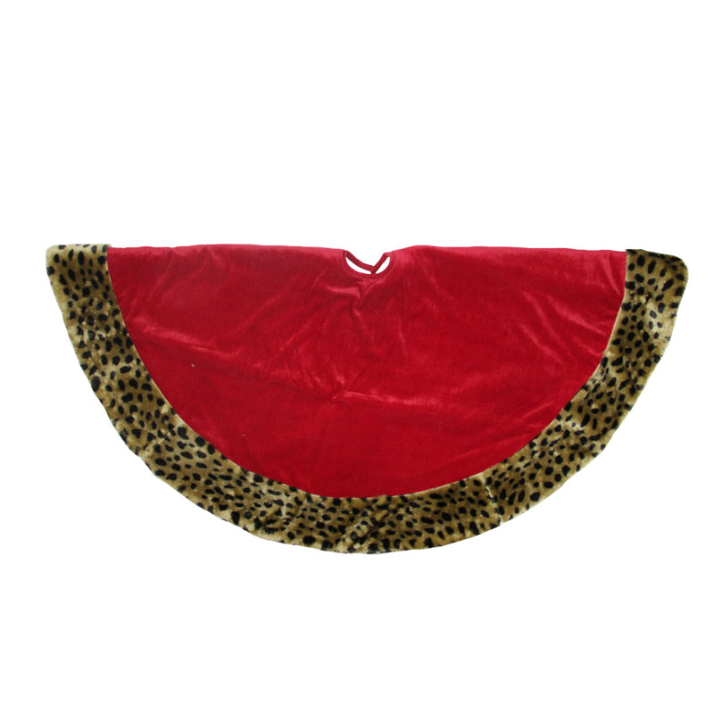 Jupe d'arbre de Noël 48 po en velours de coton rouge et brun avec bordure à imprimé guépard