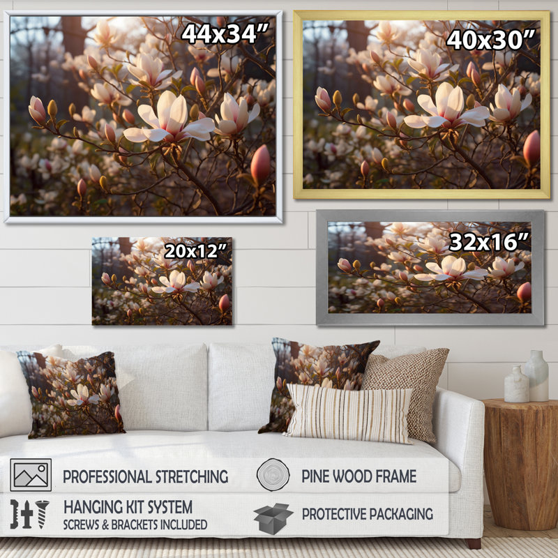 «White Pink Magnolias Landscape IV», reproduction d'art sur toile, H 16 po x l 32 po x P 1 po, Toile tendue