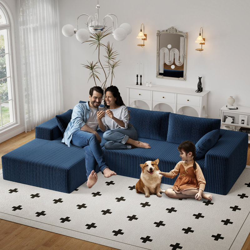 Canapé modulaire en forme de L de style Boneless de 95,8 po en velours côtelé avec méridienne sans assemblage requis, siège rembourré à assise profonde, tissu moelleux en velours côtelé (brun clair, méridienne)