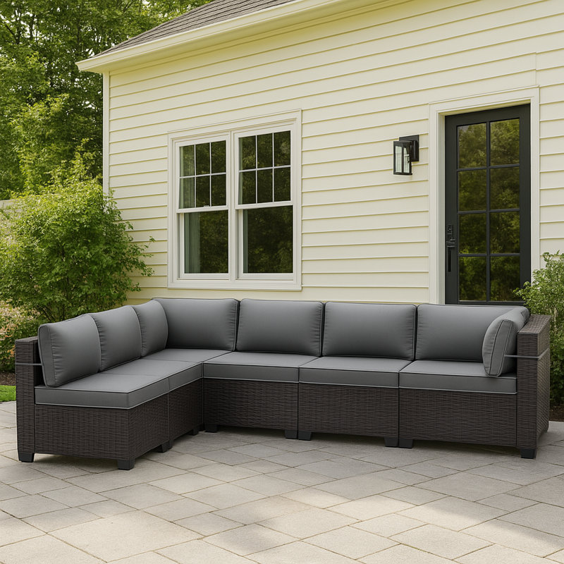 6-Piece All-Weather HDPE Wicker L-Shaped Patio Sectional Sofa Set With Cushions, Gray