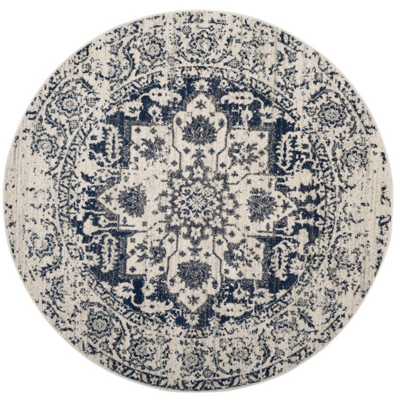 Tapis oriental iranien crème / bleu marine, Rond 10 pi