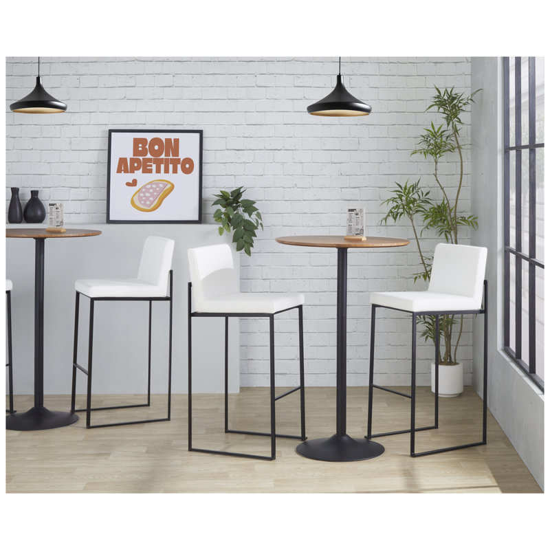 Ensemble de 2 tabourets de bar contemporains à dossier haut, structure en acier noir et siège en similicuir blanc, hauteur fixe, pour îlot de cuisine.