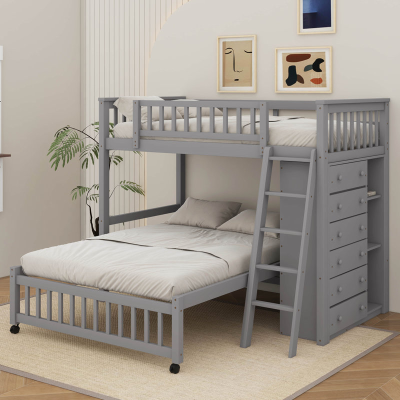Lit superposé simple au-dessus de double en bois avec tiroirs et tablettes flexibles, lit inférieur avec roulettes, Gris