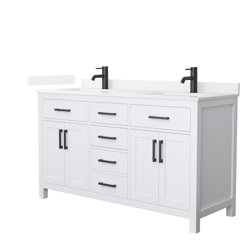 Beckett 60" Freestanding Double Bathroom Vanity with Quartz Top, White, White Quartz, Matte Black