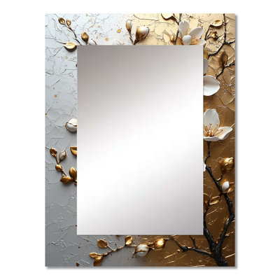 White Gold Cherry Blossom Branch - Cherry Blossom Decorative Mirror, Traditional Wall Mirror, Printed Metal Art