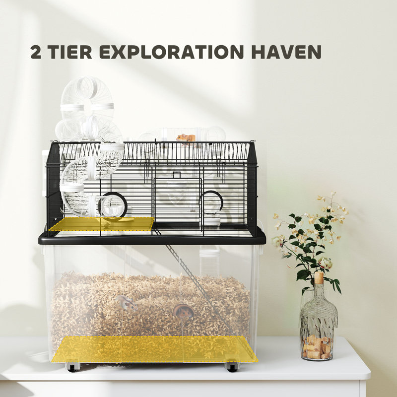 Cage à hamster avec plateau profond de 12 po, cage à gerbes à 2 niveaux avec système de tube, bouteille d'eau, rampe, bol d'alimentation, 23 po x 17 po x 22 po, noir