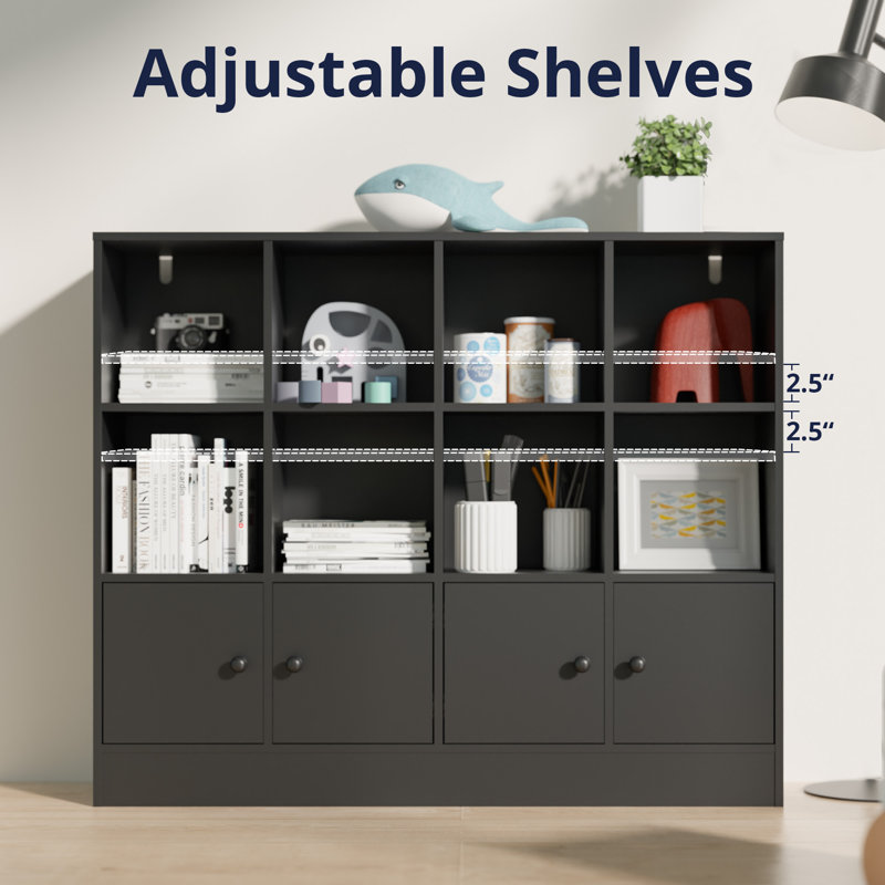 Kayliee 48" W x 40" H 8 Cube Storage Bookcase with 4 Doors, Black