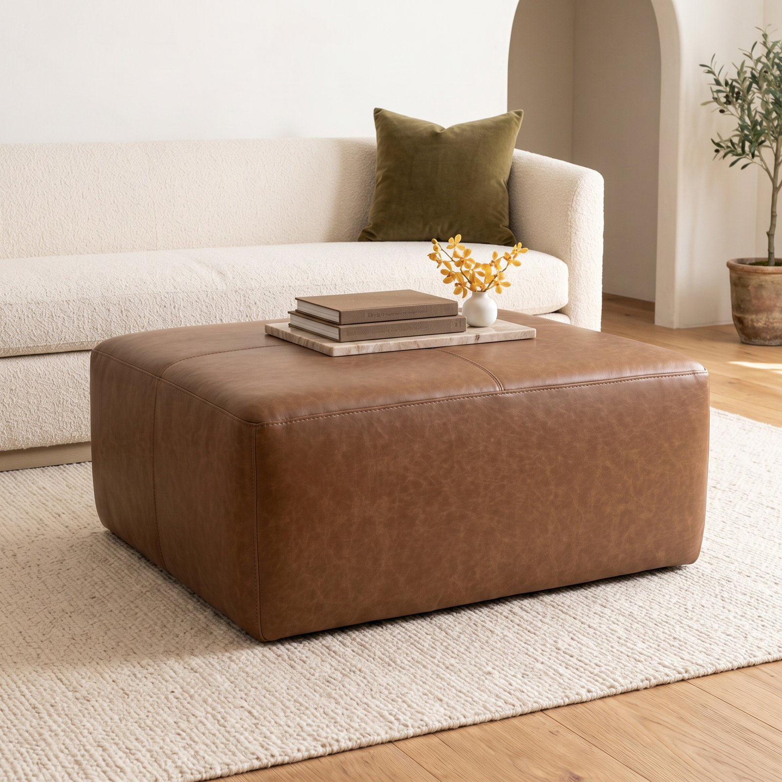 35" Genuine Leather Ottoman, Cognac Genuine Leather