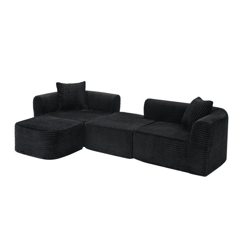 114" Cloud Sectional Couch With L-Shape Chaise, Modular Sofa With Movable Ottoman, Upholstered Couches For Living Room Bedroom, No Assembly Required, Black