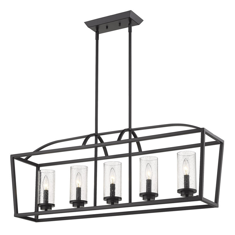 Luminaire suspendu linéaire à 5 lumières pour îlot de cuisine Skegness, Noir mat, Verre martelé