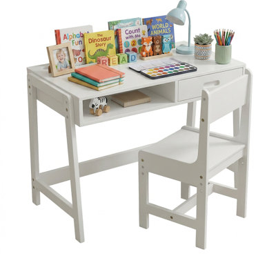 Ensemble de bureau et de chaise pour enfants à hauteur réglable, table d'étude pour enfants en bois massif avec tiroir de rangement et compartiment ouvert, poste d'écriture blanc pour tout-petit pour chambre à coucher