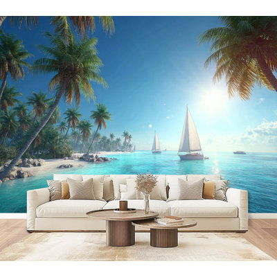Papier peint adhésif de plage «Peaceful Island Scene» Shimmering Lagoon, papier peint mural H 100 po x l 144 po, papier mural amovible en PVC autocollant pour chambre à coucher, salon, bureau à domicile, salle de bain