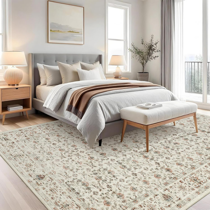 2x6 Floral Kitchen Rug – Washable, Non-Slip, Low Pile, Distressed Print Runner for Hallway, Bathroom, Laundry (Beige)