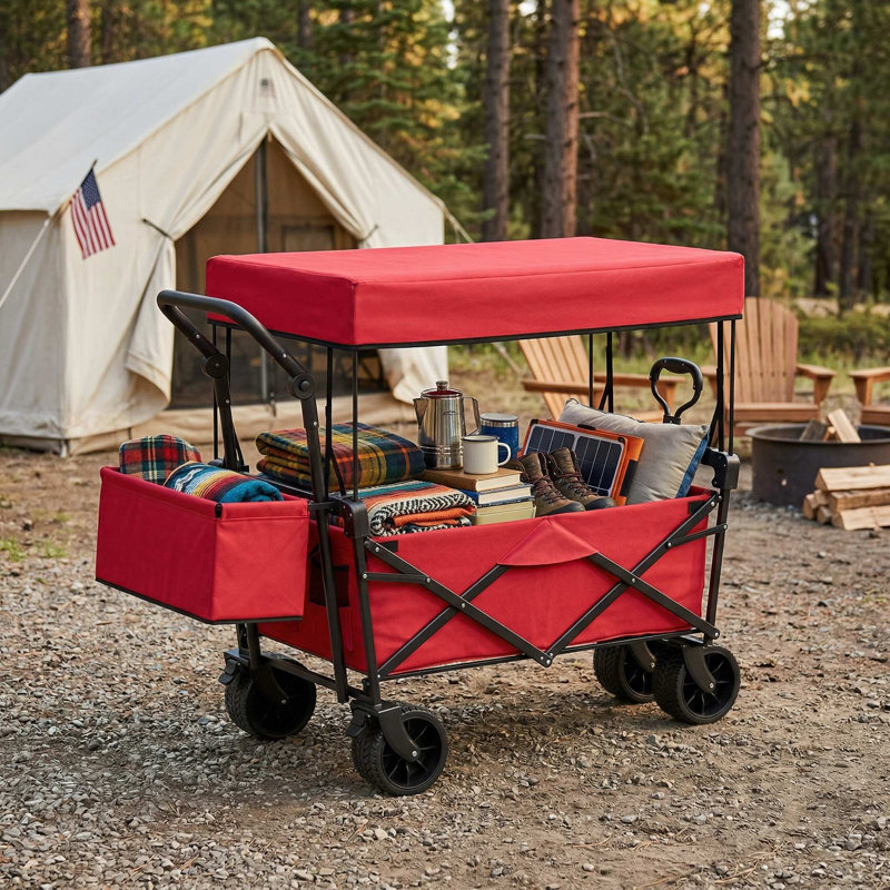 Chariot utilitaire pliable robuste à capacité de charge de 220 lb avec roues antidérapantes tout-terrain résistantes à l'usure, auvent amovible de protection contre les rayons UV