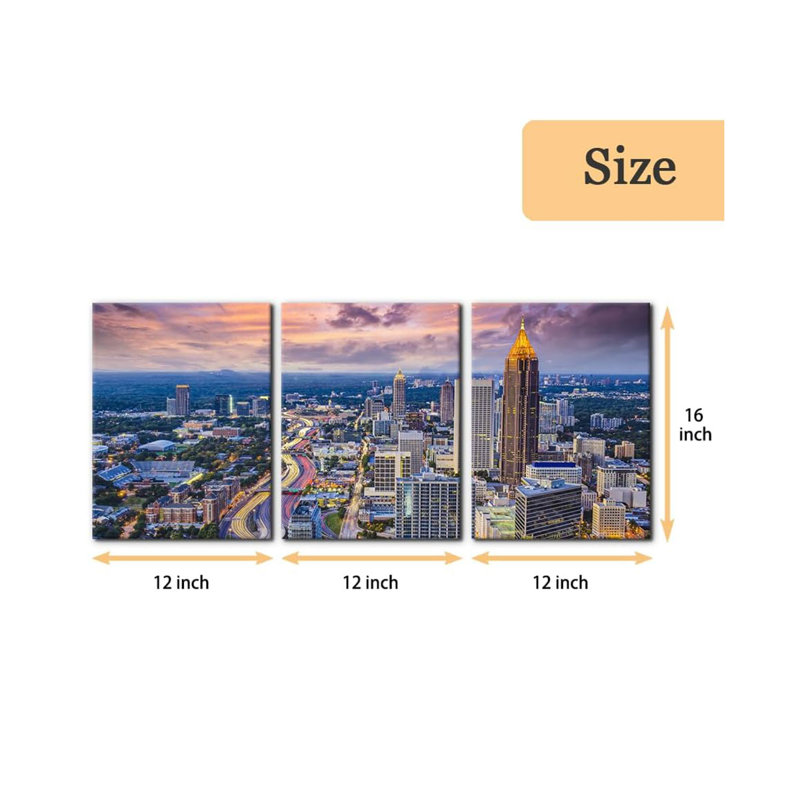 Atlanta Cityscape Wall Art Painting Georgia City Skyline Pictures Print on Canvas for Home Decoration Downtown Skyscrapers Painting Stretched and Framed Ready to Hang - 12"x16"x3 Panels