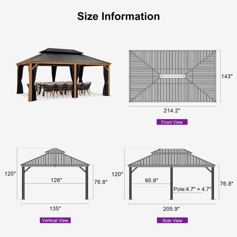 PURPLE LEAF Hardtop Gazebo for Patio Wood Grain Galvanized Steel with Netting, 12' X 18'