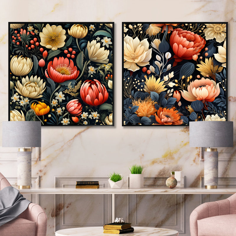 Perrault - Ensemble de 2 collages carrés floraux, Cadre flottant noir, H 30 po x l 61 po