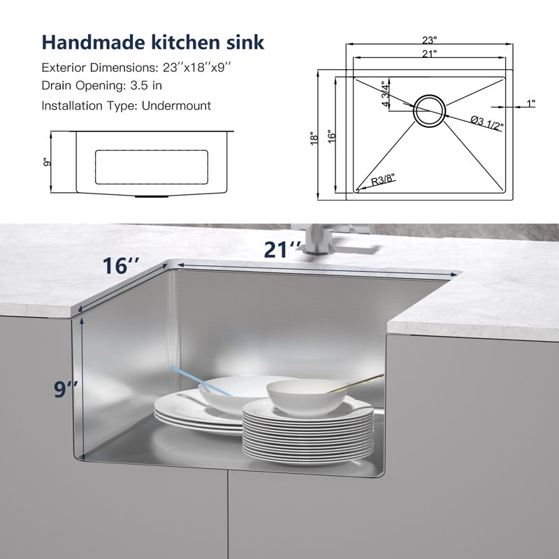 Undermount Single Bowl Stainless Steel Kitchen Sink, Stainless Steel, 23" L x 18" W x 9" D