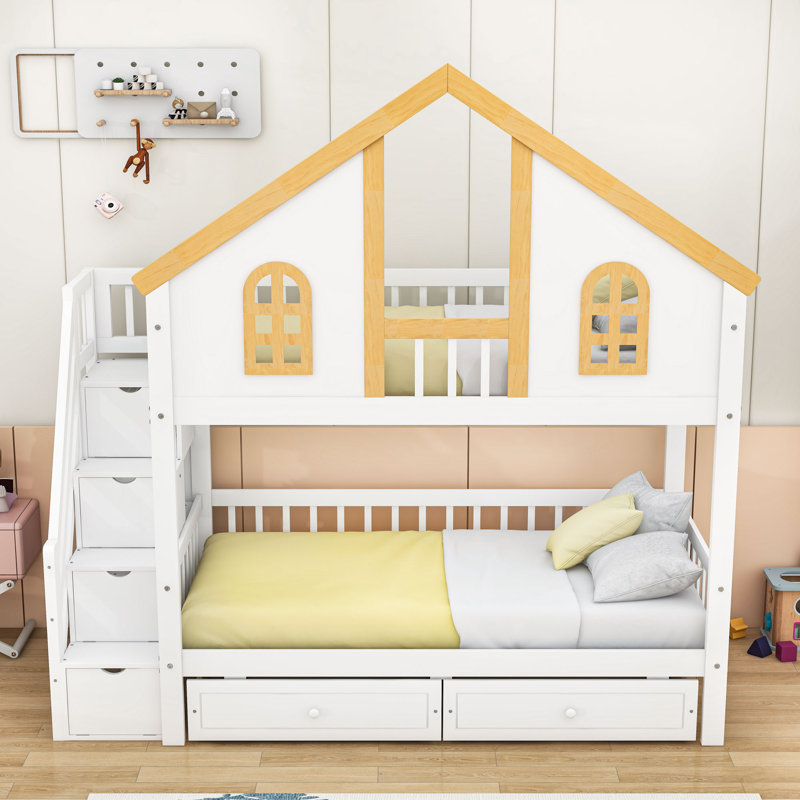 Lit superposé à deux tiroirs en bois avec escalier de rangement et tablettes, Simple sur simple