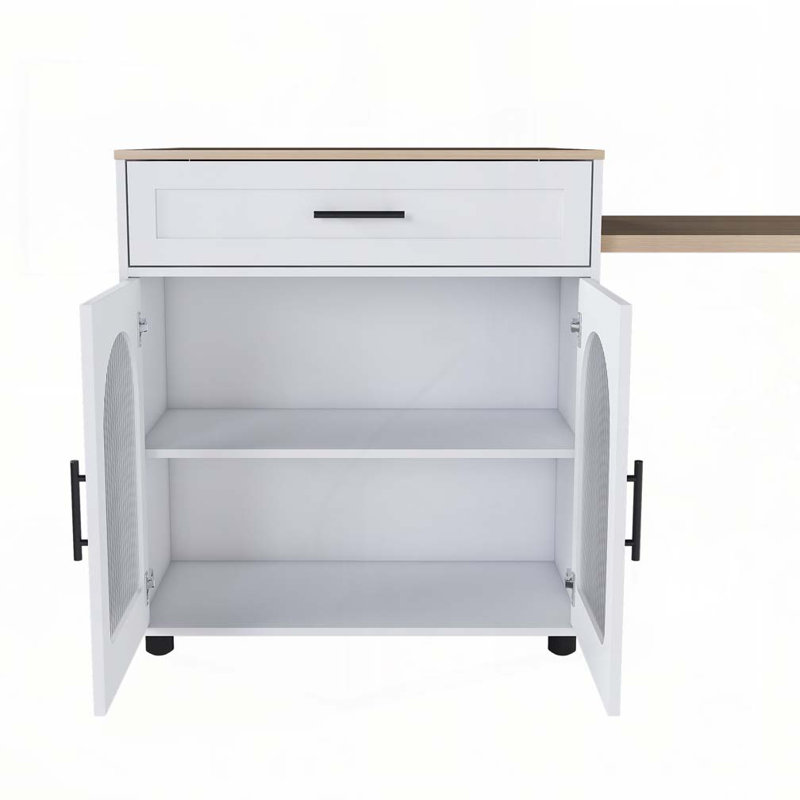 Îlot de cuisine extensible avec table de salle à manger, armoire et 2 tiroirs, Blanc / naturel 
