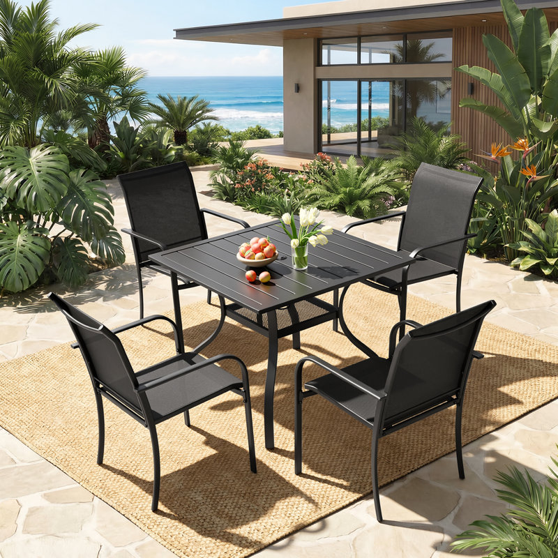 4-Person Patio Dining Set with Square Metal Dining Table and Stackable PVC-coated polyester Armrest Chairs (Black), Black