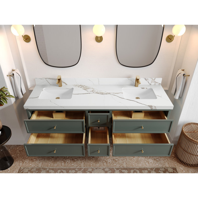 Meuble-lavabo à double cuve flottante l 72 po x P 22 po Roswell, Or Calacatta