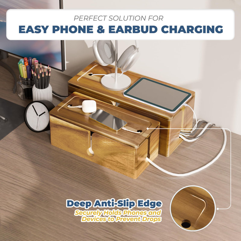For Power Strips - 3 Open Slot Wooden Wire Hideout Box, 2 Pack