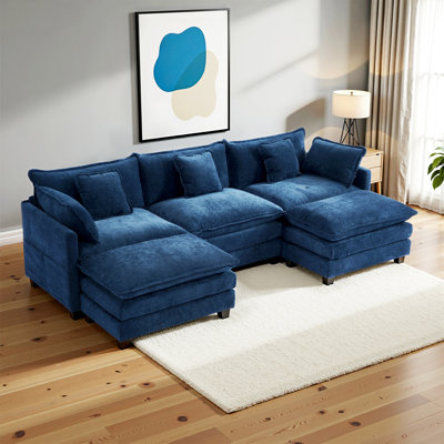 Canapé modulaire en U en forme de U - Canapé à assise profonde en chenille à 3 places avec 2 repose-pieds et 4 coussins pour le salon, la chambre à coucher et un appartement