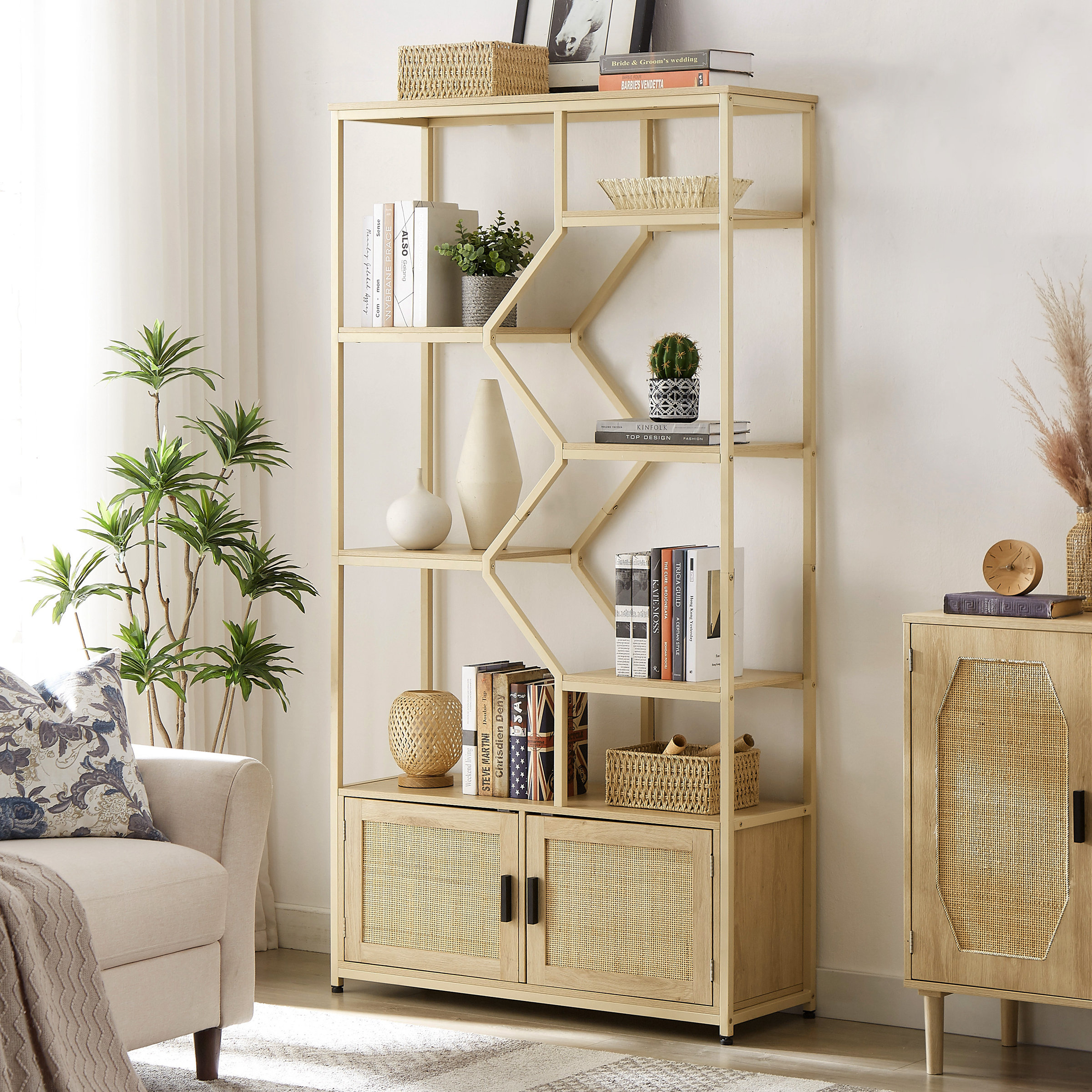 Gretlies Gold Bookshelf Arched Bookcase with Doors Hidden Storage Luxury Sideboard Mercer41