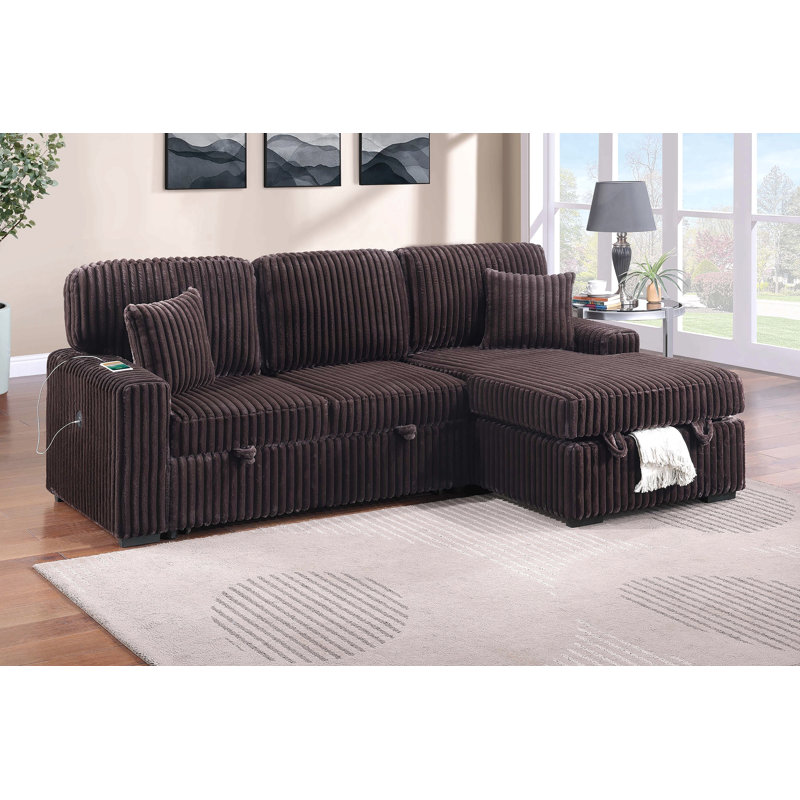 Modern Style 2Pc Convertible Sectional Pull Out Sofa Fold Down Table Cup Holder Usb Port Storage Chaise Matching Pillow Primary Living Room
