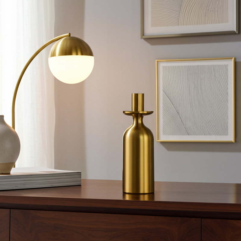Modern Aluminum Taper Candle Holder Metal Single Glam Style Pillar With Sleek Rounded Base Contemporary Accent Decor Accessory For Tabletop Or Shelf Display