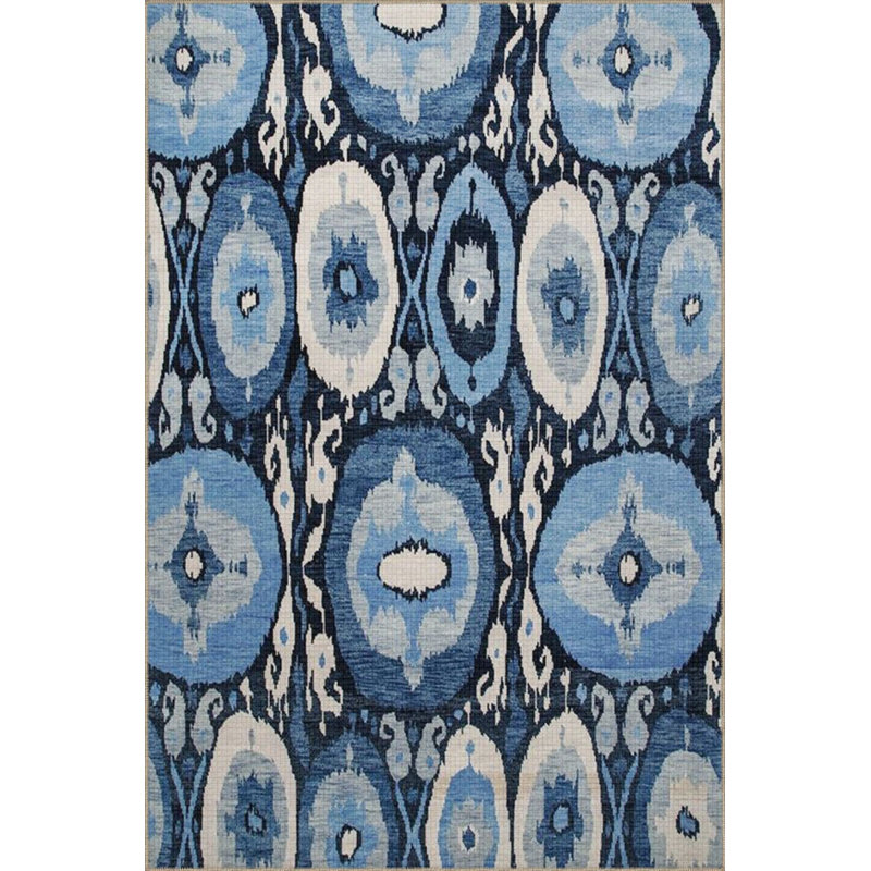 Tapis décoratif tissé rond blanc et bleu à losanges, Sous-tapis rectangulaire de 3 pi 3 po x 4 pi 11 po