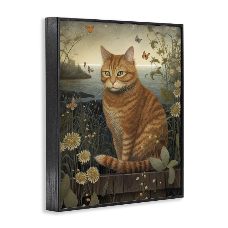Chat orange près de l'étang par LSR Design Studio, H 20 po x l 16 po x P 1,5 po, Giclée encadrée noir minuit