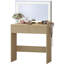 Meuble-lavabo cannelé lumineux à DEL avec miroir Full HD - 3 modes de couleur, centrale électrique, support pour sèche-cheveux, 2 tiroirs de rangement - coiffeuse moderne en bois clair pour chambre à coucher