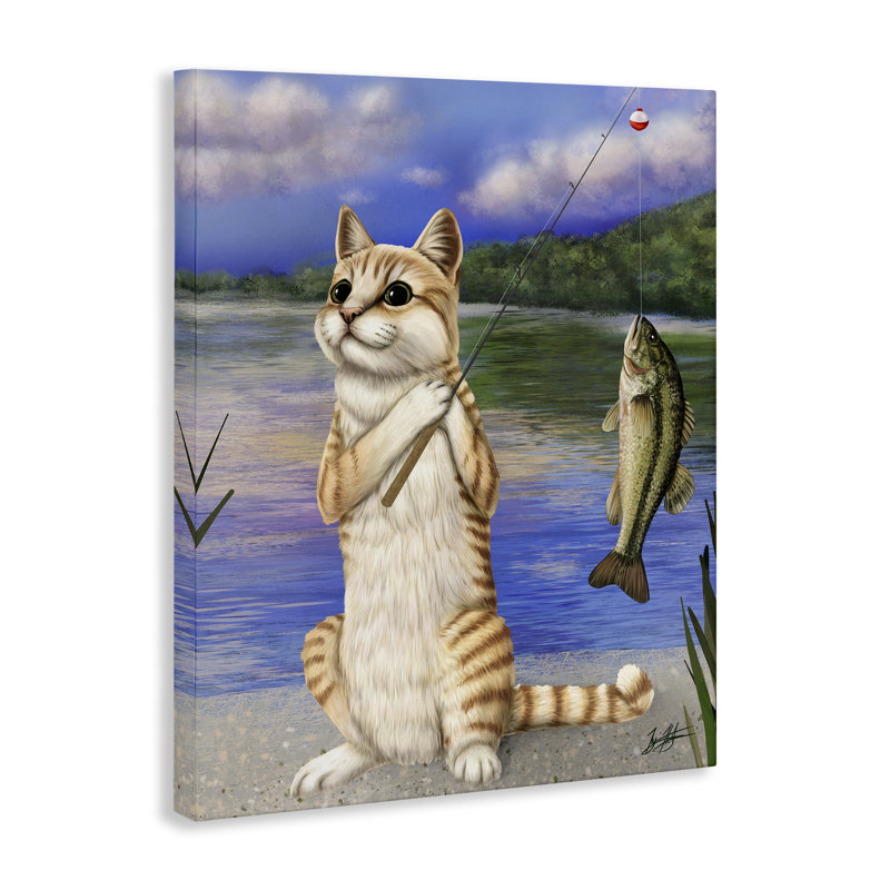«Fishing Cat» par Lake, art mural sur toile par Mehu Art, H 40 po x l 30 po