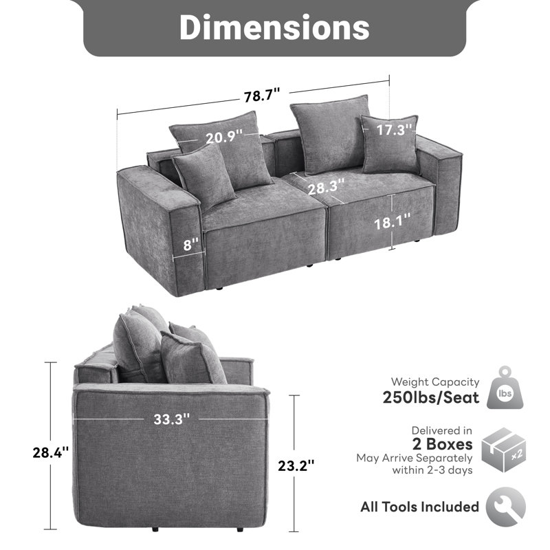 Modular Sofa Upholstered Sponge Foam Couch Loveseat, Gray