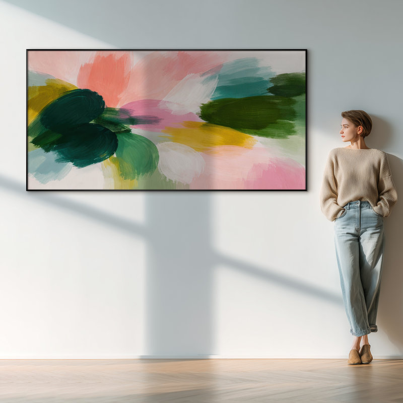 Très grand art mural imprimé sur tissu - Coups de pinceau abstraits et colorés en rose, vert et jaune pour la chambre à coucher - «Assemblage requis du cadre (cadre non fini)»
