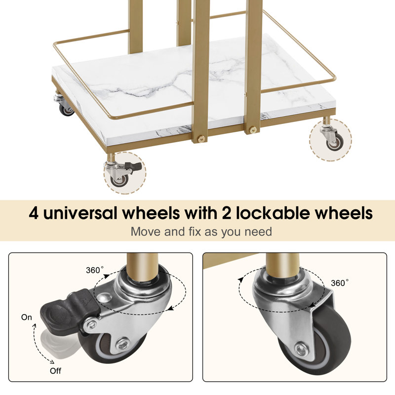 White and Gold Metal Frame 3-Tier Rolling Utility Cart