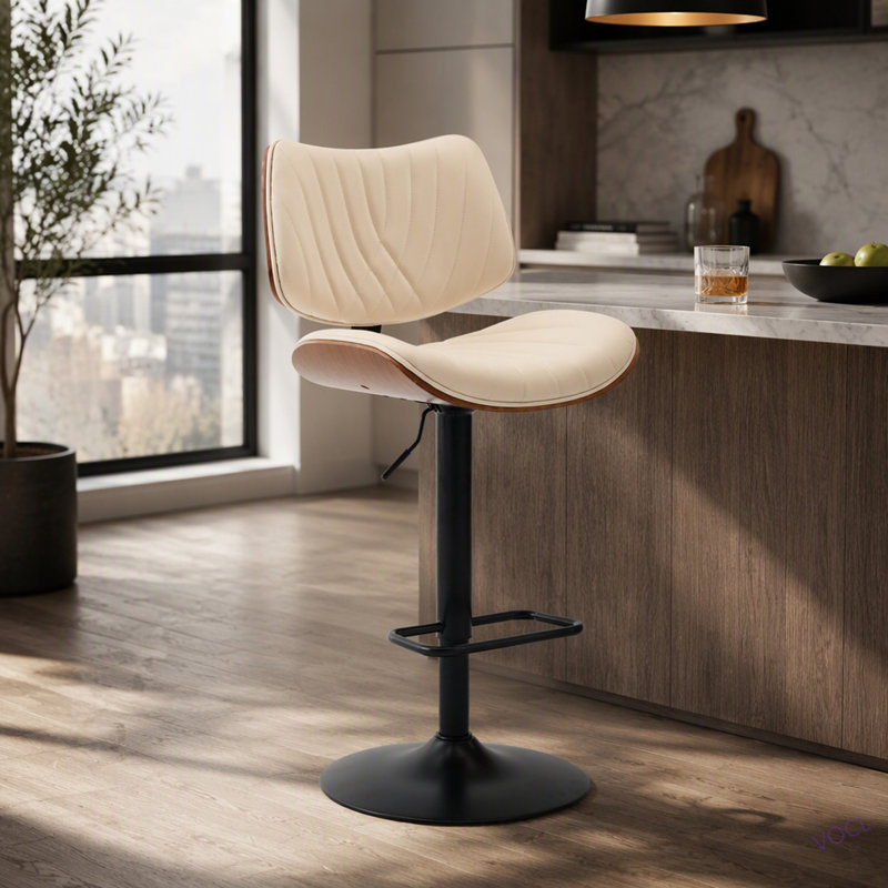 Tabourets de bar Bentwood Fauteuil de bar pivotant à 360 ° en cuir Mid-Century, Beige