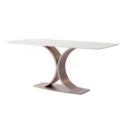 Élégante table de salle à manger en cuivre et en acier au carbone rouge avec dessus en pierre Snow Mountain brillant capacité de charge de 109,5 kg (excluant les chaises)