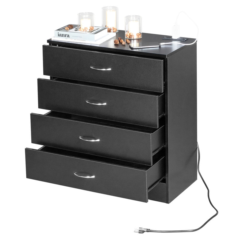 Wyble 4 - Drawer Storage Cabinet Chest with USB, Black