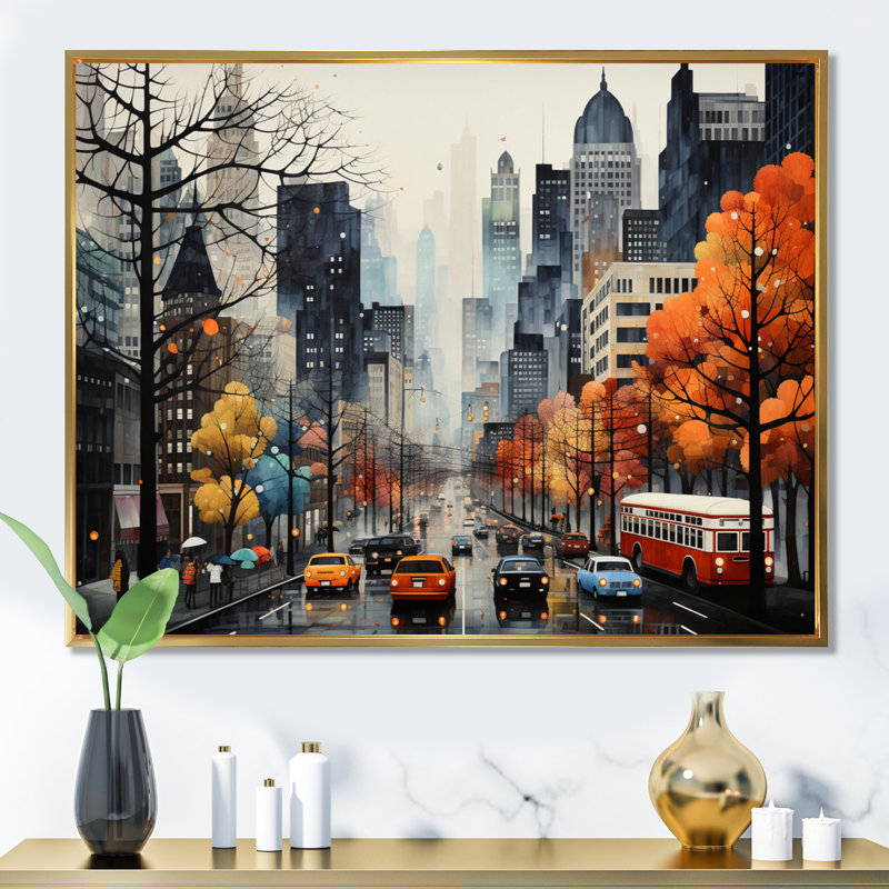Bold Cityscape Urban Fog III - Print, 24" H x 32" W x 1" D, Gold Floater Framed