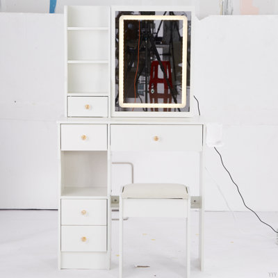 29.2" Small Size Left Drawer Desktop Vanity Table + Cushioned Stool, Large Sliding, Touch Control, Tri-Color Switching, Brightness Adjust LED Mirror, High Capacity Storage, Suitable For Small Space