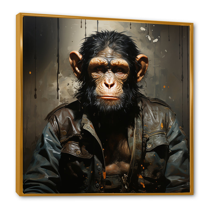 «Jungle in suit Monkey Portrait II», art mural singe, Cadre flottant doré, H 16 po x l 16 po x P 1 po