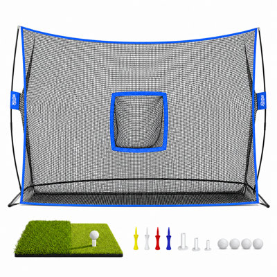 YUNIC 10 ft x 7 ft Golf Practice Hitting Net with Tri‑Turf Mat and Target Chipping Pocket, Portable Personal Driving Range For Backyard Indoor Outdoor