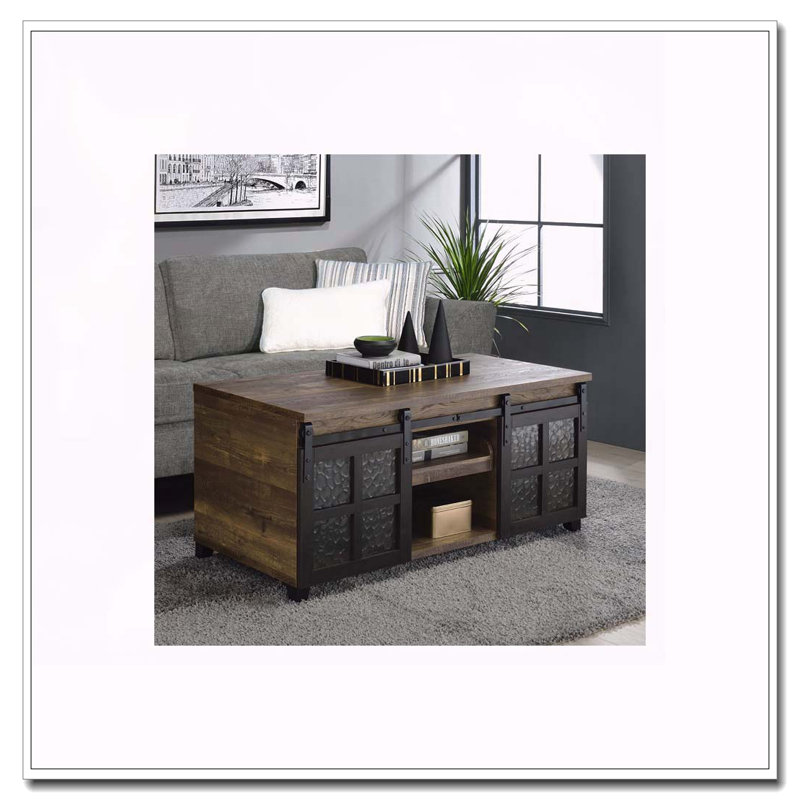 Table basse rustique en chêne et noir avec portes coulissantes