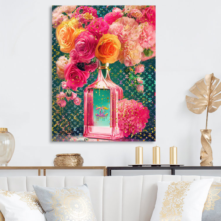 Designart High Fashion Perfume Bottle Vase with Flowers II Fashion Framed Canvas Art Print - 16 in. Wide x 32 in. High - Gold