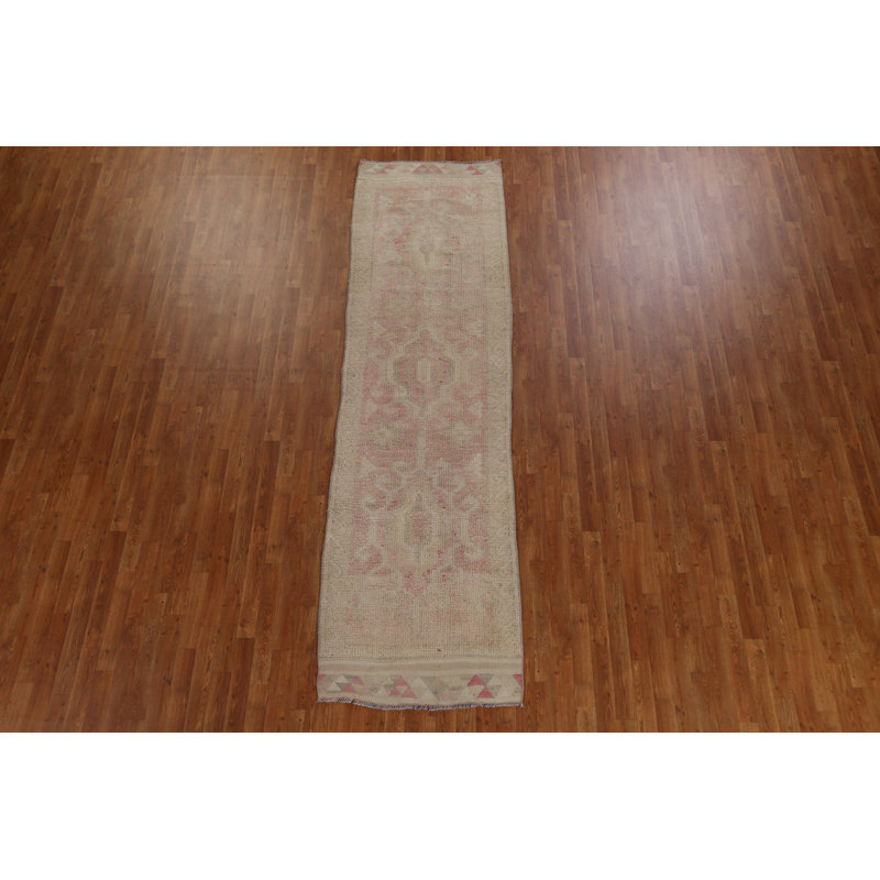 Tapis de couloir rose clair en laine noué à la main de conception unique 2 pi 11 po x 10 pi 10 po New Age