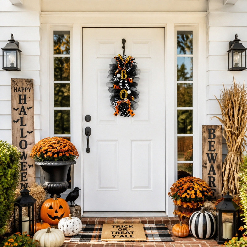 Guirlande de porte d'Halloween BOO en maille, couronne de porte noire à pois orange pour décoration de maison hantée d'Halloween