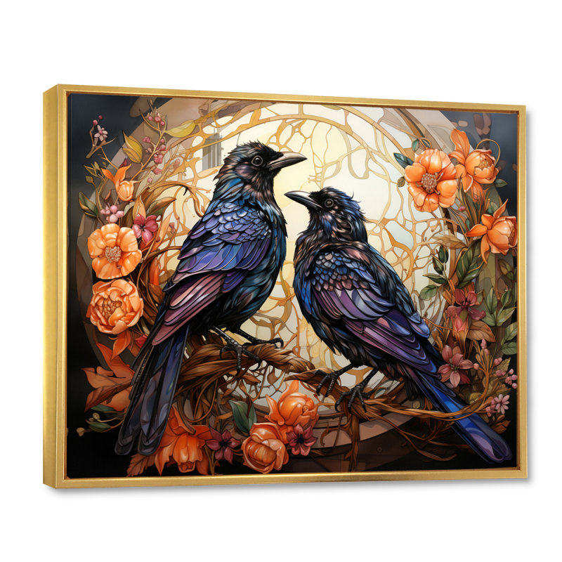 Corbeau enchanté monarques sur toile, H 12 po x l 20 po x P 1 po, Cadre flottant doré
